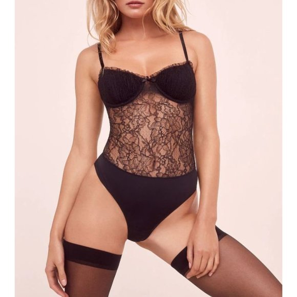 For Love & Lemons Stardust Bodysuit Black Lace Sheer Sweetheart Bustier Cut-Outs - Picture 3 of 8